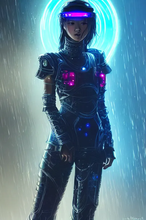 Image similar to portrait futuristic wuxia armor heroine Girl with thunder and fire sparkles and starlight, n future cyberpunk tokyo heavy rainning rooftop , ssci-fi, fantasy, intricate, very very beautiful, elegant, human structure, neon light, highly detailed, digital painting, artstation, concept art, smooth, sharp focus, illustration, art by tian zi and WLOP and alphonse mucha