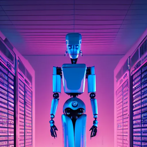 Image similar to hyperrealism stock photo of highly detailed stylish humanoid robot in sci - fi cyberpunk style by gragory crewdson and vincent di fate with many details by josan gonzalez working in the highly detailed data center by mike winkelmann and laurie greasley rendered in blender and octane render