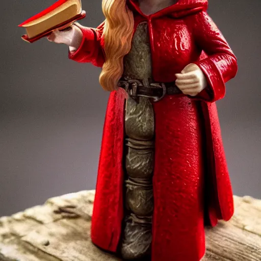 Image similar to 80mm resin model figure female gnome wearing long red coat and holding open spellbook, highly textured, fantasy, D&D, HDR, , natural light, medium close shot, tilt shift, dynamic pose, award winning photograph!, Mucha style