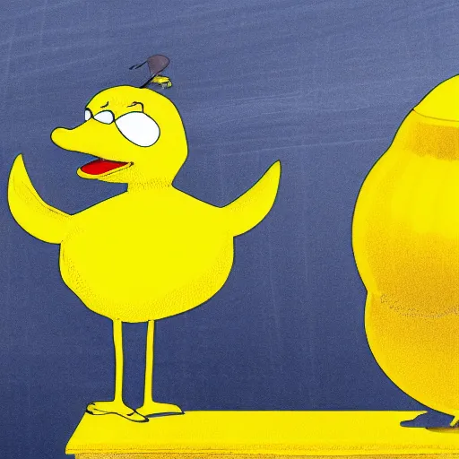 Image similar to a yellow human sized duck standing next to a lemonade stand, cartoon, high resolution