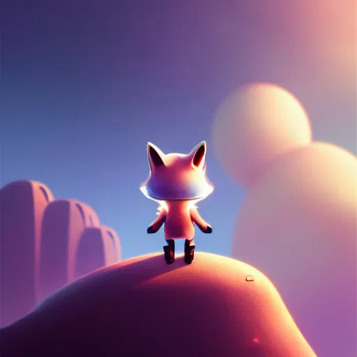 Image similar to little android fox taking a walk on the edge of the world, matte metal and chrome :: by beeple and James Gilleard and Justin Gerard :: ornate, dynamic, particulate, intricate, elegant, highly detailed, centered, artstation, smooth, sharp focus, octane render, 3