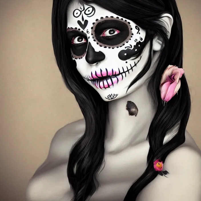 Image similar to a smiling girl with long black hair, part of her face slightly painted as dia de los muertos, by alozuniga _. with the style of arcane ( 2 0 2 1 ). digital draw, digital art, trending on instagram, digital painting. octane render, unreal engine, beautiful lips.
