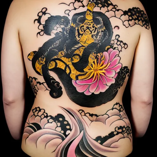 Image similar to photography of the back of a woman with a black detailed irezumi tatto representing a gold tiger with pink flowers on her entire back, dark hangar background, mid-shot, editorial photography