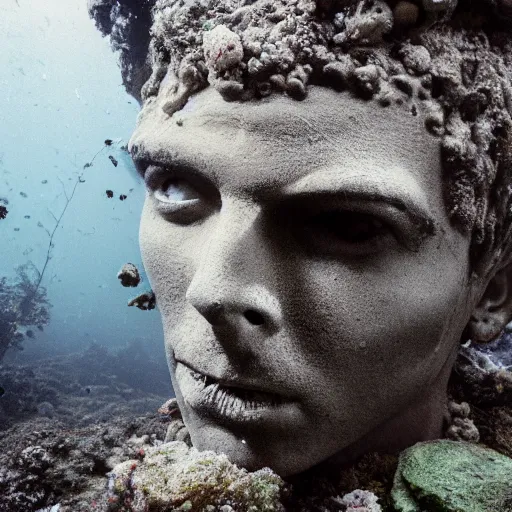 Prompt: Award-winning photograph by Mar Mann. The photo depicts a decaying roman bust of David Bowie overgrown with moss at the bottom of the sea in the middle of ruins of civilization. Minimalism, high definition, perfect composition. Deep sea picture. Very dark. Volumetric Lighting. Fish. Darkness. Ruins