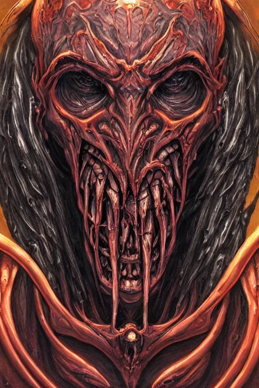 Image similar to Elden Ring and Doom themed painting of majestic crimson biomechanical necro revenant human hybrid beautiful undead angel symmetrical angry mask closeup face angry mask closeup tattoo pattern golden ratio concept, Neo-Gothic concept, infinity glyph waves, intricate artwork masterpiece, very coherent artwork, cinematic, full frontal facial features by Artgerm, art by H.R. Giger, Takato Yamamoto, Zdizslaw Beksinski, Johnatan Wayshak, Moebius, Ayami Kojima, very anatomically coherent artwork, trending on cgsociety, ultra high quality model, production quality cinema model, high detail chromatic ink outline, octane render, unreal engine 8k, hyper realism, high detail, octane render, unreal engine, 8k, High contrast