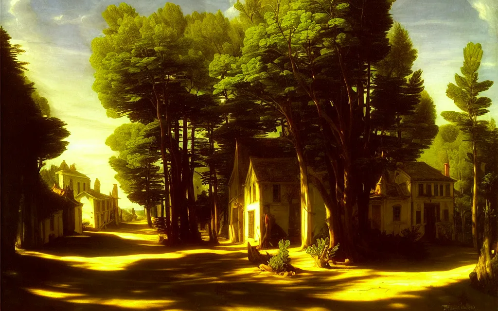 Prompt: in the style of gerald brom, caravaggio, thomas cole, beautiful small town, houses and buildings, 1 8 0 0 s, cobblestone roads, warm light, mid day, trees, forest in the distance