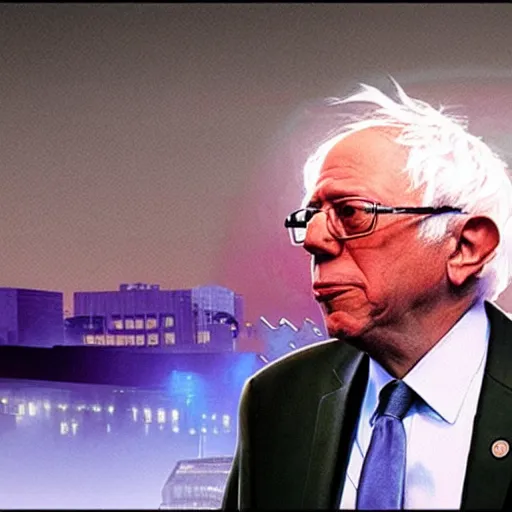 Prompt: a heat ray shooting out of bernie sanders'eyes, synthwave