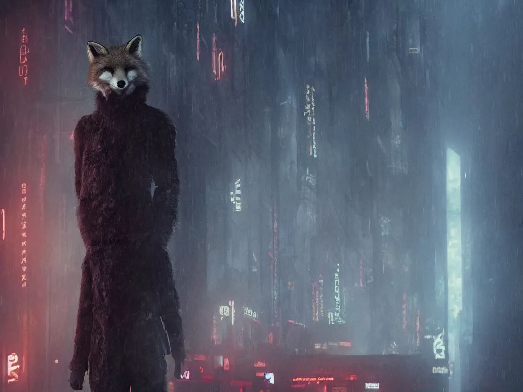Image similar to anthro fox furry in Blade Runner: 2049, wearing a leather uniform, city streets, fursona, anthropomorphic, furry fandom, film still