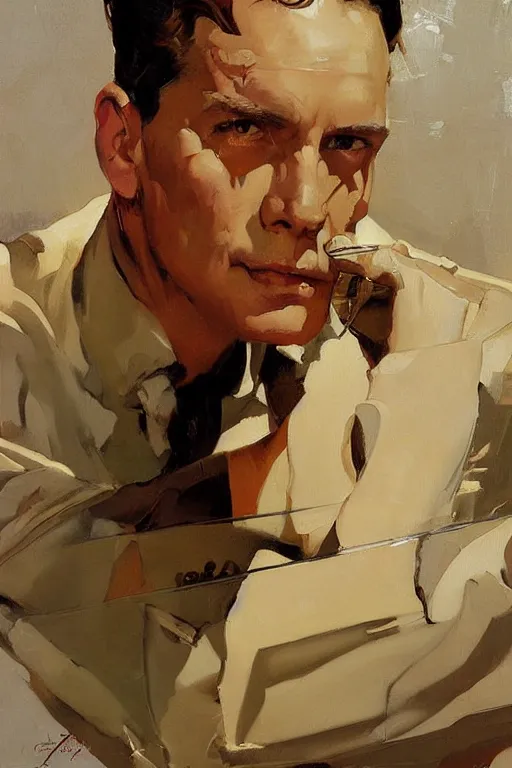 Image similar to report of the week food review painting by jc leyendecker!! phil hale!, angular, brush strokes, painterly, vintage, crisp