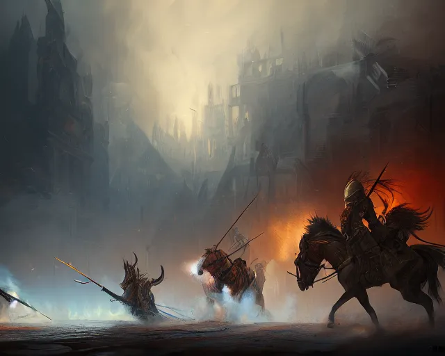 Image similar to battle of kings, fire and dust, action, dramatic lighting, intricate, wild, highly detailed, digital painting, artstation, concept art, smooth, sharp focus, illustration