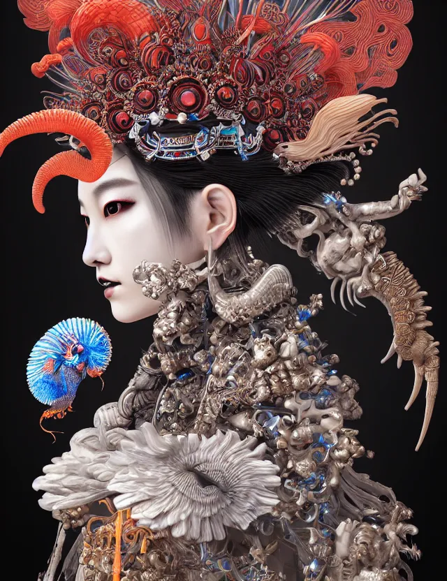 Image similar to 3 d goddess close - up profile portrait with crown, ram skull. beautiful intricately detailed punk japanese crow kitsune mask and clasical japanese kimono. betta fish, jellyfish phoenix, bio - luminescent, plasma, ice, water, wind, creature, artwork by tooth wu and wlop and beeple and greg rutkowski