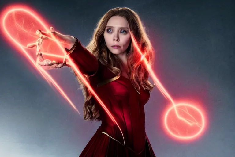 Prompt: movie still of elizabeth olsen as the scarlet witch, standing in the middle of a dark cave, holding red magic from her hands, illuminating the area, full - body portrait, golden ratio!!!!!, centered, trending on artstation, 8 k quality, cgsociety contest winner, artstation hd, artstation hq, luminous lighting
