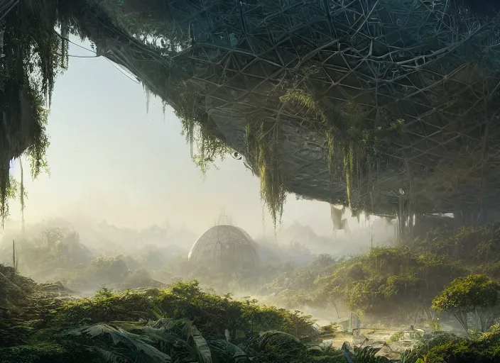 Image similar to highly detailed digital matte painting of a beautiful abandoned, overgrown, damaged biodome, by Raphael LaCoste and Ruan Jia and Robert McCall, postcyberpunk, geodesic dome, hyperdetailed, sunrise, wide shot, autochrome, octane render