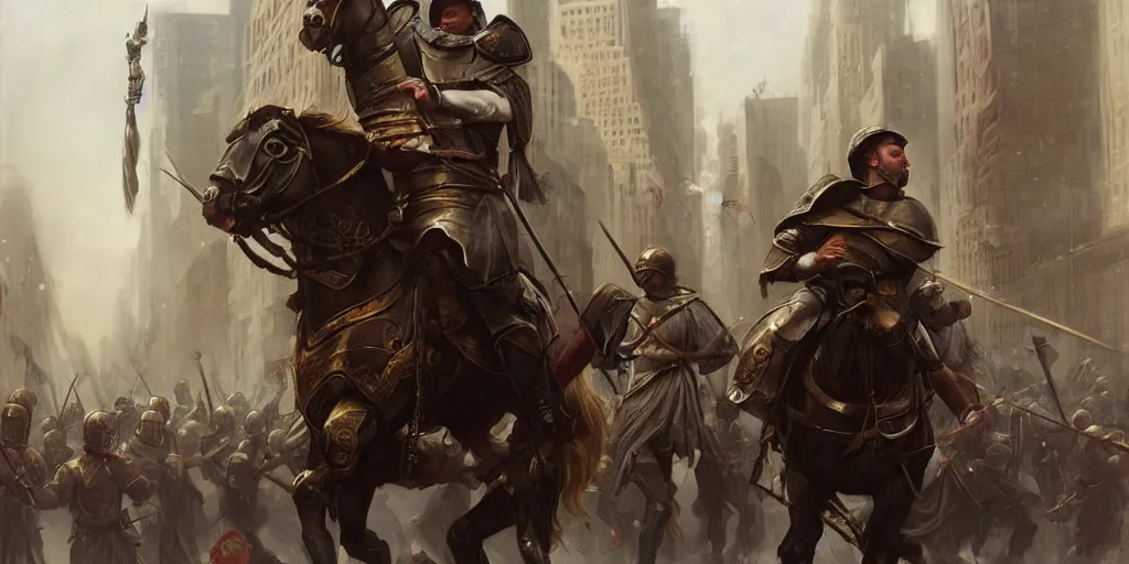 Prompt: Roman Empire legionary invading modern day New York City by Charlie Bowater and Pierre Auguste Cot