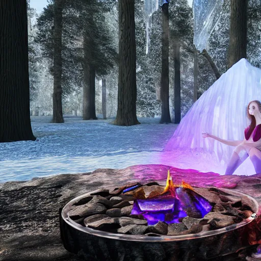 Prompt: a beautiful woman made out of crystal ice sitting by a campfire and slowly melting, by iris van herpen, unreal engine 5, outdoor campfire pit