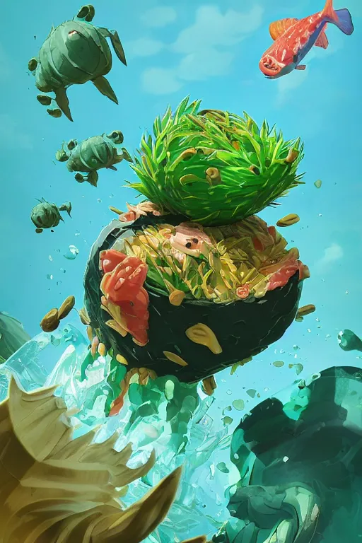 Image similar to 3 d render creature animal sushi cristal very big eye roots cactus elemental flush of force nature micro world fluo fishscale, comics gta 5 cover, official fanart behance hd artstation by jesper ejsing, by rhads, makoto shinkai and lois van baarle, ilya kuvshinov, ossdraws