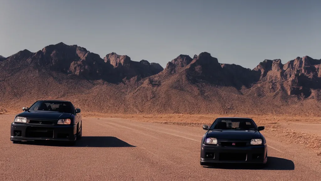 Image similar to three quarter front photo of a stock dark grey nissan r 3 2 skyline gtr on a road in a desert with a mountain in the background in the early morning, car photography, depth of field, zoom lens, blue hour, photorealistic