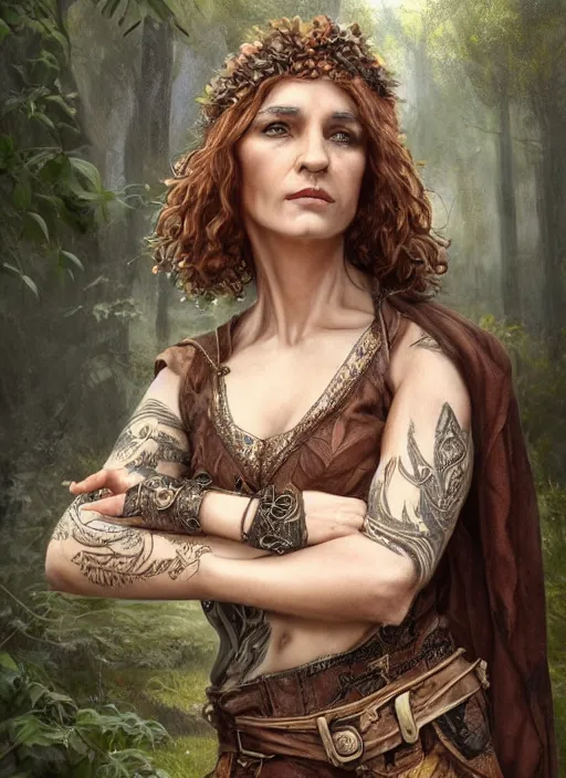 Image similar to a relaxed malehalf elf middle aged druid in a sleeveless west, brown short hair, strong, full body, 8 k, hyperrealistic,, hyperdetailed, fantasy portrait by laura sava