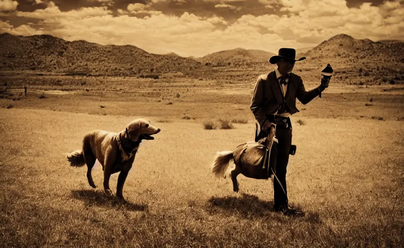 Image similar to a golden retriever robbing a wild west bank, cinematic style photograph