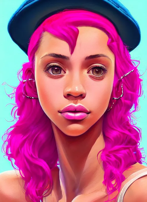 Image similar to portrait of teenage vanessa morgan with bright pink hair, black girl, curly pixie cut hair, wearing newsboy cap, pink short haircut, newsboy cap, hoop earrings, blue eyes, intricate, elegant, glowing lights, highly detailed, digital painting, artstation, concept art, smooth, sharp focus, illustration, art by wlop, mars ravelo and greg rutkowski