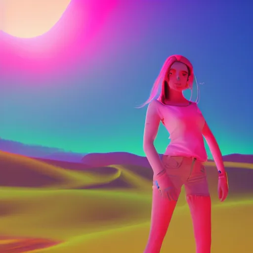 Prompt: a girl glowing with neon colors in the middle of a beautiful desert sunrise, photorealistic, 8k resolution, octane render, unreal engine