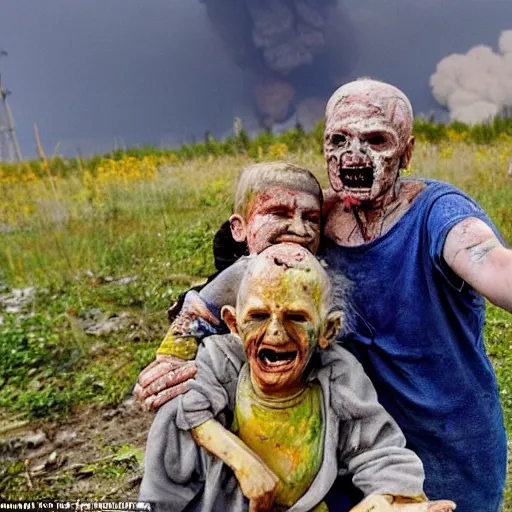 Image similar to selfie of the last surviving ukrainian with children, wild pain and damage to the body burns alive to the bone, painted in dirty yellow - blue colors, a huge nuclear explosion is approaching in the background