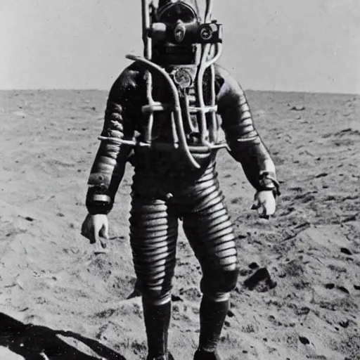 Image similar to detailed photo of a diver wearing an early diving suit. the diver is playing an electric guitar on the moon. old diving suit pictures. old diving suit. early diving suit. old diving suit photos. detailed