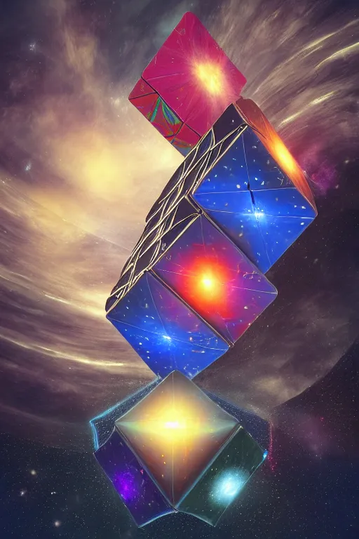 Image similar to cosmic parallel universe rubik's cube tesseract with wormholes, energy and galaxies around it. epic, dramatic, cinematic, digital art, octane render, blender, 8 k, hyperrealistic, trending on artstation