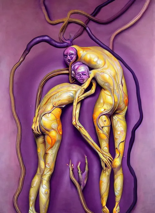 Prompt: a surreal biomorphic painting of two humanoid figures with extra limbs entwined in an embrace, compassionate, in the style of jenny saville, in the style of charlie immer, draped in purple and gold silk, highly detailed, emotionally evoking, rendered in octane