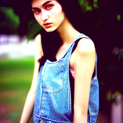 Prompt: she, amazing, snapshot of, face, eyes, hair, neck of beautiful, fashionable, elegant, conservative, young, uzbek, fashion model and student, slender, tank top, denim shorts. image quite stunningly complex. nikon fm 2 film blow - up