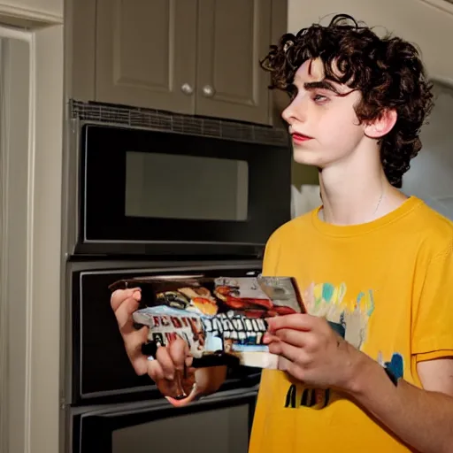 Image similar to timothee chalamet standing in my kitchen and eating a kidz bop cd, 3 5 mm photograph, cursed image, standing menacingly