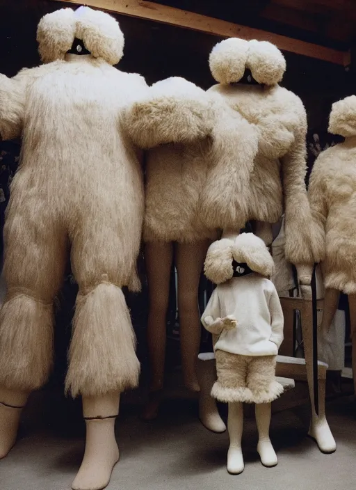 Image similar to realistic photo of the family wearing fluffy shorts, faceless, no face, polished and fancy, standing in the wooden expensive interior room full of wooden bird idol sculptures 1 9 9 0, life magazine reportage photo