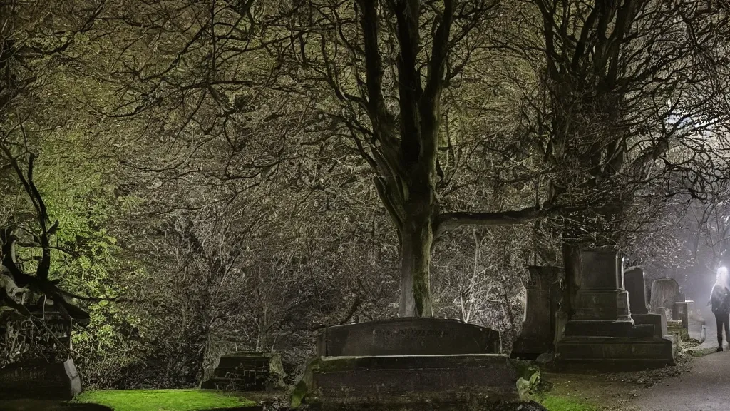 Image similar to a vampire walking in highgate cemetery at night