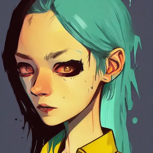 Image similar to Highly detailed portrait of a punk zombie young lady by Atey Ghailan, by Loish, by Bryan Lee O'Malley, by Cliff Chiang, inspired by image comics, inspired by graphic novel cover art !!!Yellow, brown, black and cyan color scheme ((dark blue moody background))