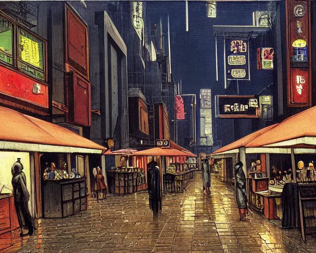 Image similar to street with food stands in a cyberpunk city on a rainy melancholy night by de chirico