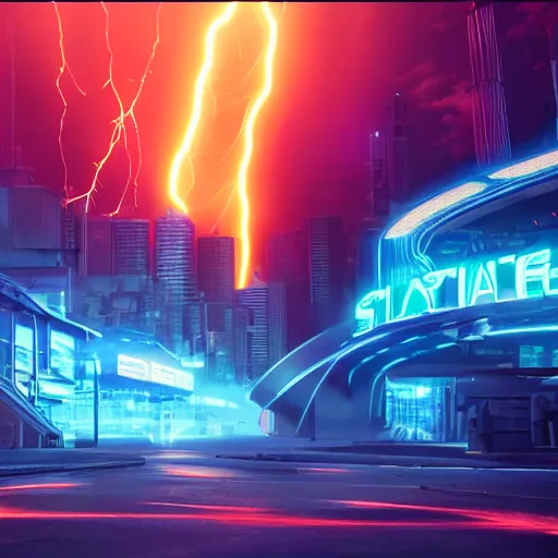 Image similar to space city, neon lightning, movie still, cinematic lightning, octane render, splash art, dystopian