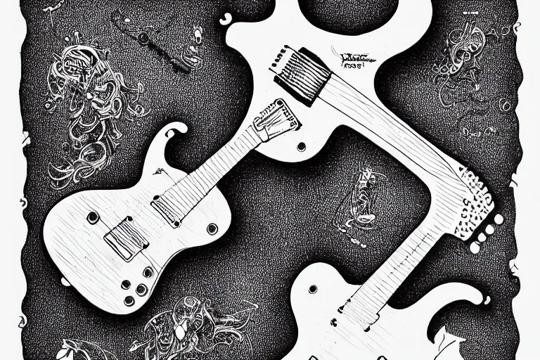 Image similar to a technical drawing of a guitar designed by by Joe Fenton, black ink on textured paper, high detail, blueprint, intricate