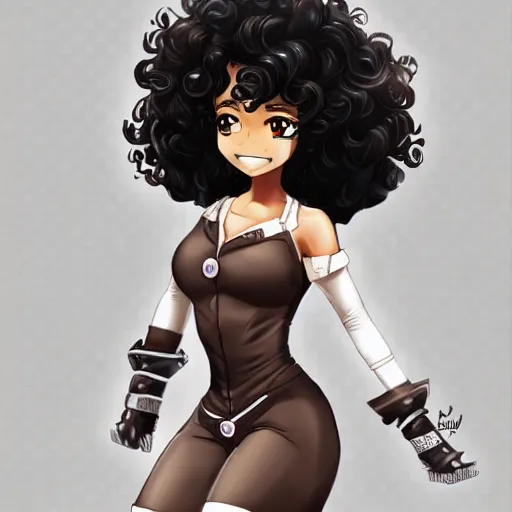 Prompt: A brown skinned woman with black curly hair as an anime character, highly detailed, artstation