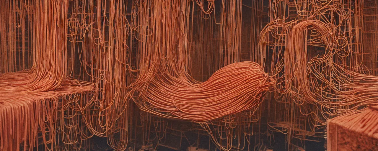 Image similar to spaghetti sculpture inside a buddhist temple, hyper - realistic, small details, intricate, canon 5 0 mm, wes anderson film, kodachrome