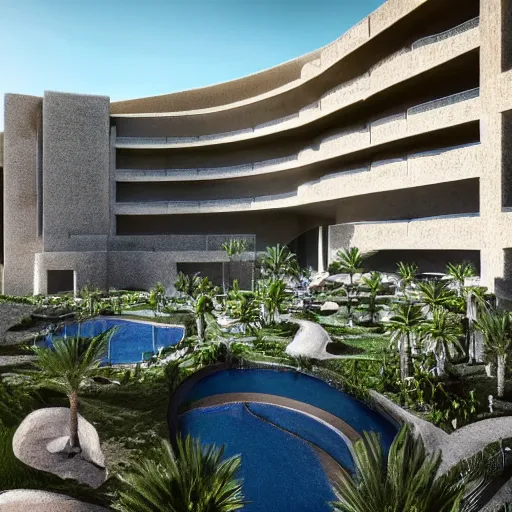 Image similar to brutalism conceptual hotel in the desert, biophilia mood, pool, garden, highly detailed, cinematic, photorealistic,