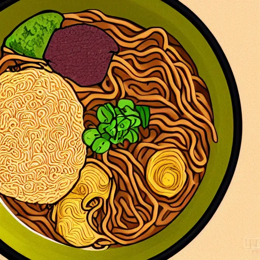 Prompt: a zoomed out shot of a anime style of a bowl of ramen, digital art