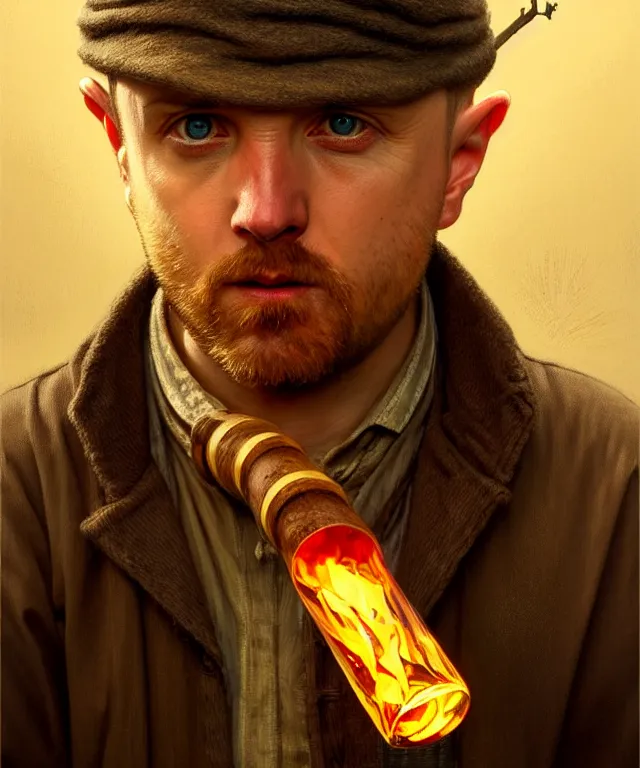 Image similar to portrait of jesse pinkman as a hobbit, smoking a wooden pipe, headshot, highly detailed, digital painting, artstation, concept art, sharp focus, cinematic lighting, illustration, art by artgerm and greg rutkowski, alphonse mucha, cgsociety