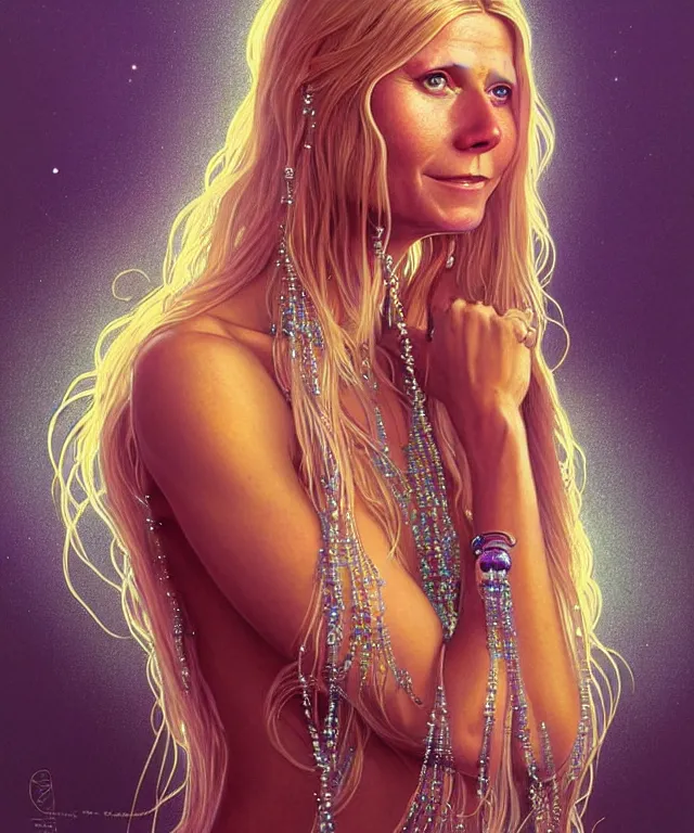 Image similar to Gwyneth Paltrow as a meditating new age hippie with beads and crystals, portrait, intricate, elegant, highly detailed, digital painting, artstation, concept art, smooth, sharp focus, illustration, art by artgerm and greg rutkowski and alphonse mucha