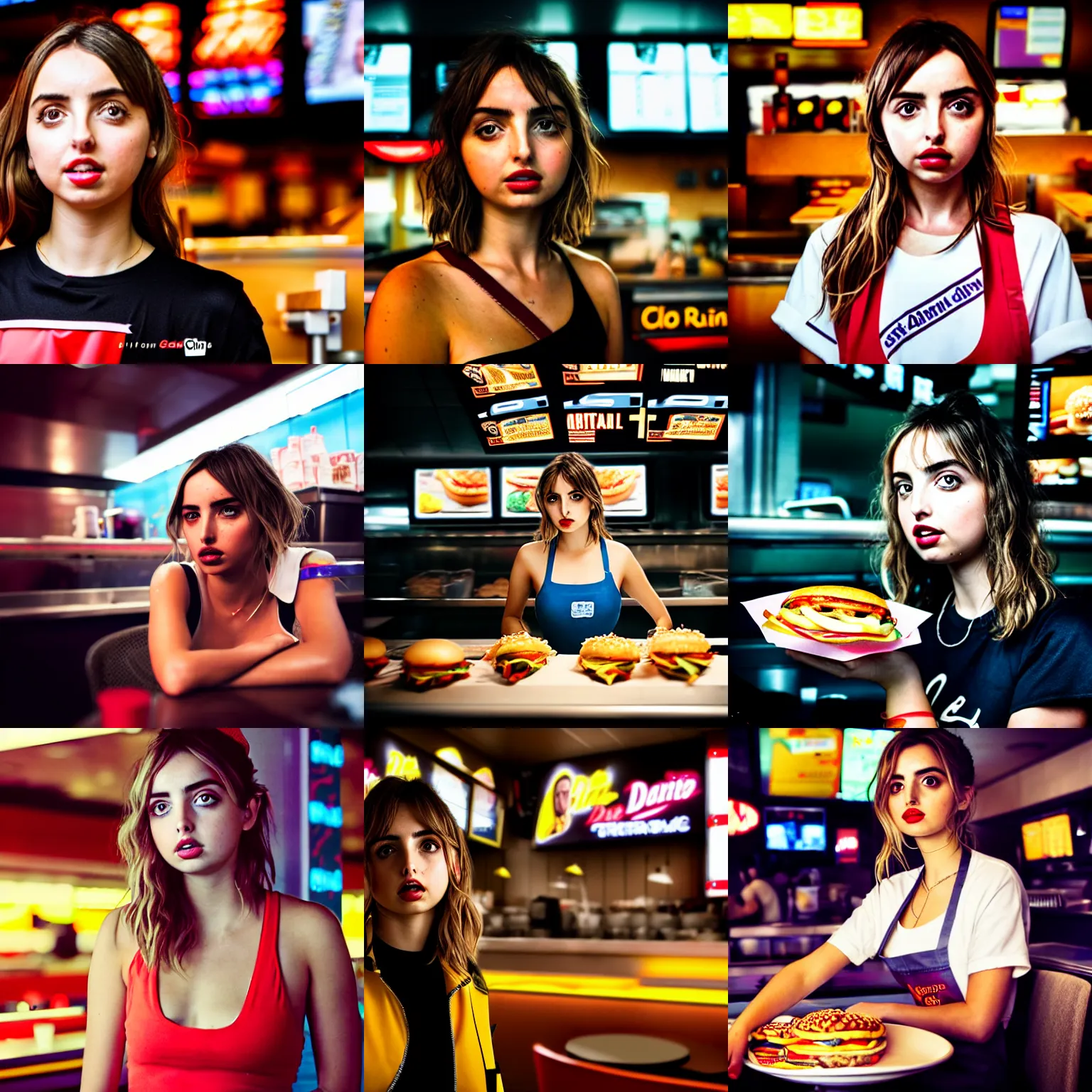 Prompt: ana de armas portrait working in a fast food restaurant, cinematic, cyberpunk style, 3 5 mm