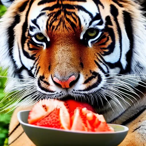 Prompt: A tiger calmly eating out of a bowl of fruit, award winning nature photo, bright summer day, vivid, glossy