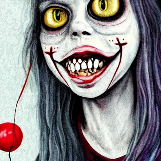 Prompt: grunge painting of billie eilish with a wide smile and a red balloon by chris leib, loony toons style, pennywise style, corpse bride style, horror theme, detailed, elegant, intricate