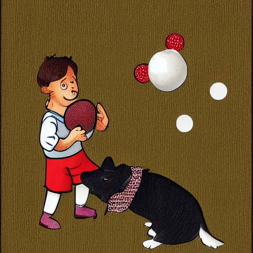 Image similar to illustration of french boy in paris playing football against a corgi, the corgi is wearing a polka dot scarf