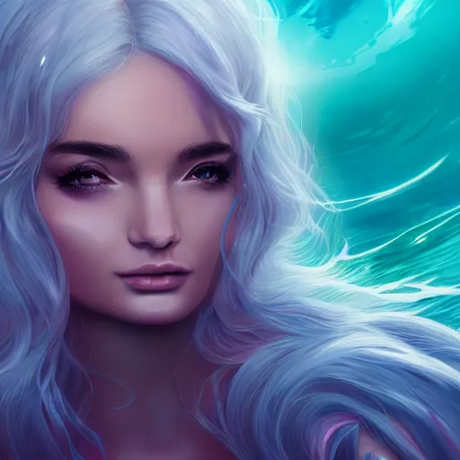 Image similar to A mesmerizing ethereal oceanic portrait of Kim Petras, splash art, natural light, sunlit, hyperdetailed, artstation, cgsociety, deviantart 8k