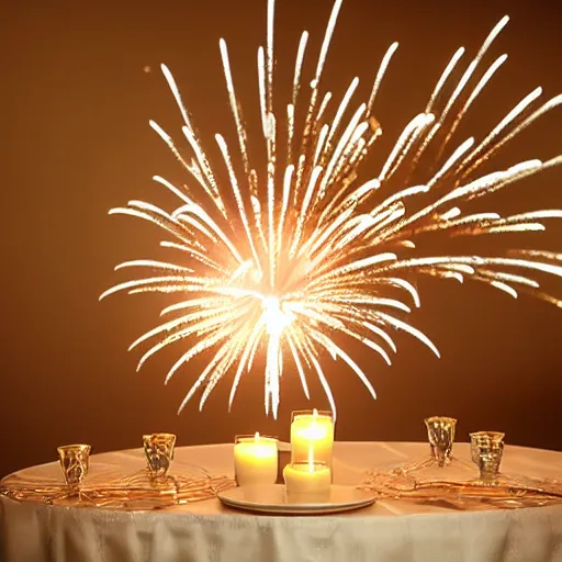 Prompt: simple luxurious candle - lit glass table with fireworks and starry night in the background