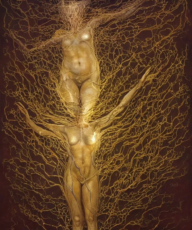 Image similar to Beautiful full-body wax sculpture of a glowing transparent infinite plant with women faces as leaves with visible gold bones covered with melted white wax inside the singularity where stars becoming baroque folds of dark matter by Michelangelo da Caravaggio, Nicola Samori, William Blake, Alex Grey and Beksinski, dramatic volumetric lighting, highly detailed oil painting, 8k, masterpiece